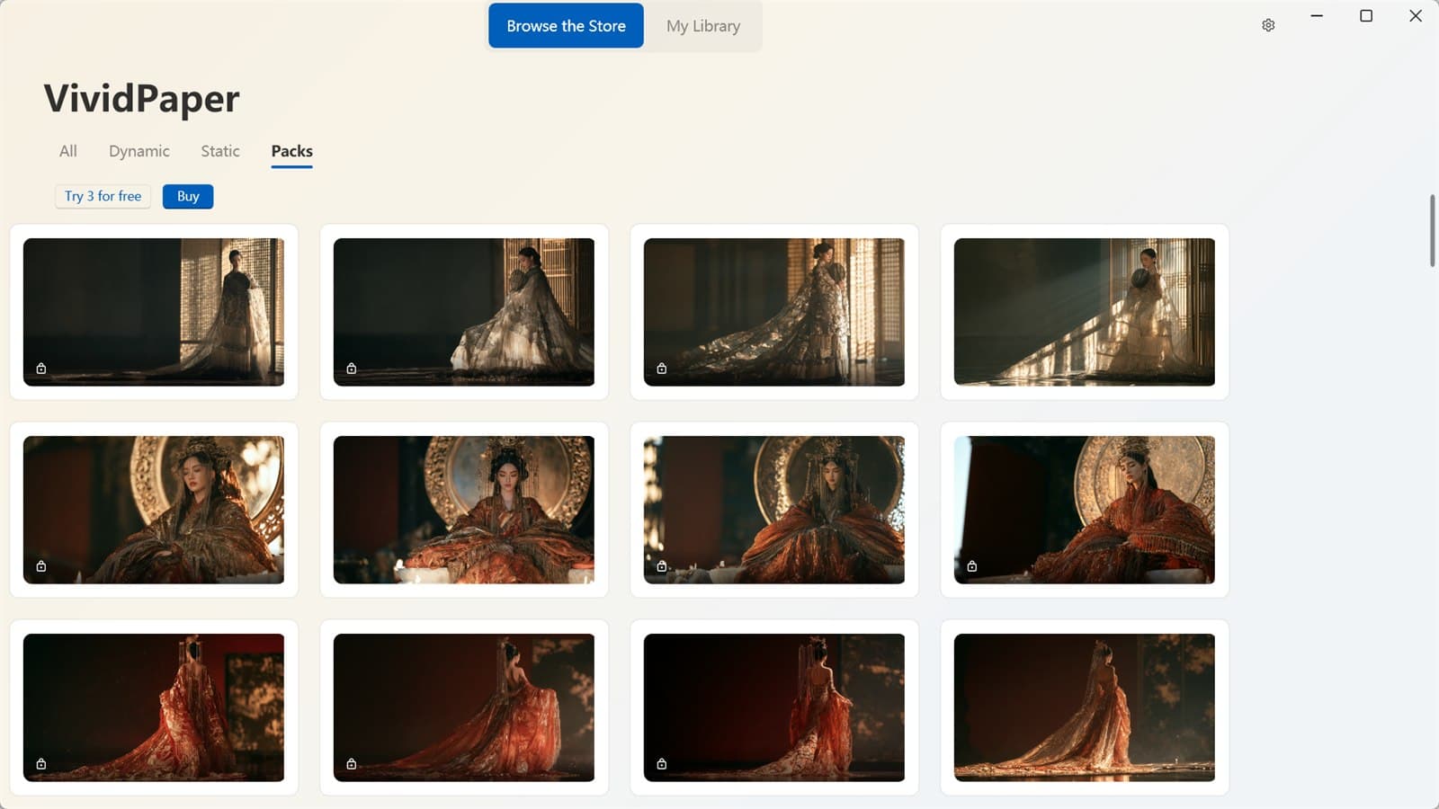 VividPaper Packs tab with themed wallpaper collections