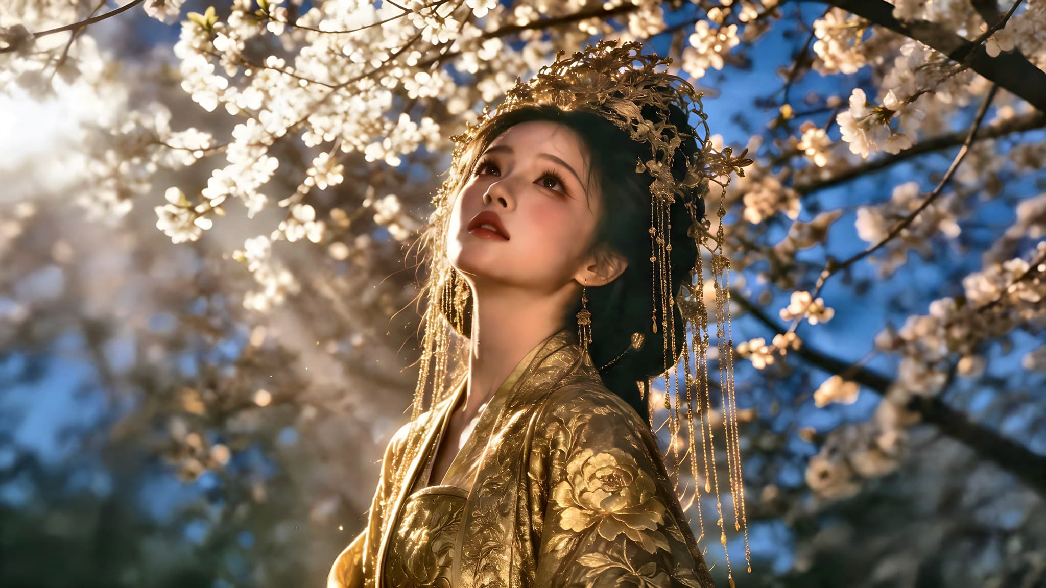 한푸를 입은 인물 사진의 AI 복원 전후 비교. 복원 후 더 선명하고 금빛 톤이 한층 따뜻해졌습니다