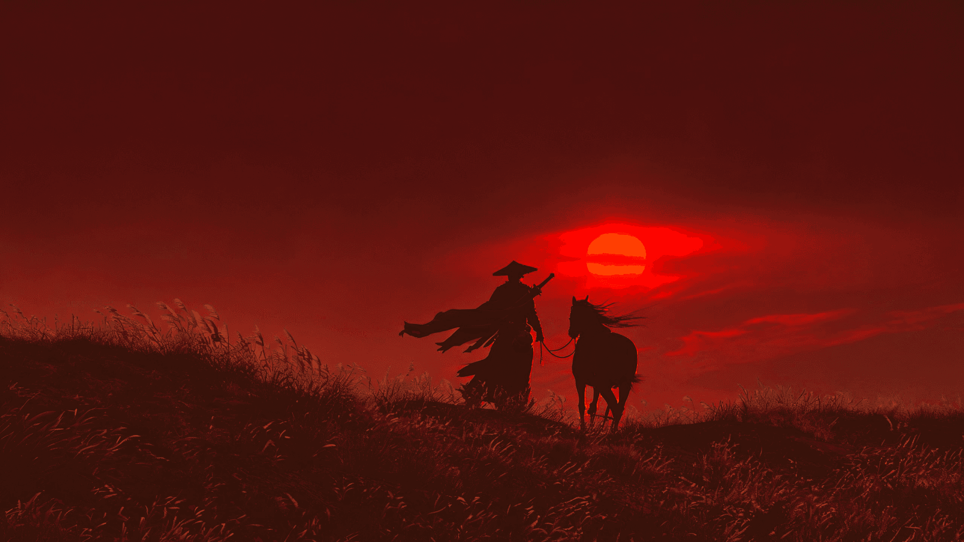 Silhouette eines Kriegers mit Pferd unter einer blutroten Sonne