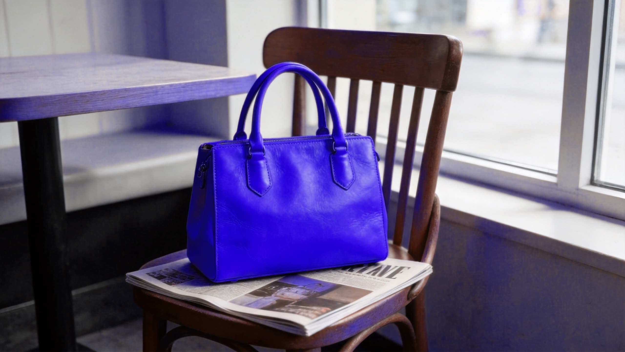 Gelbe Handtasche in einem Café