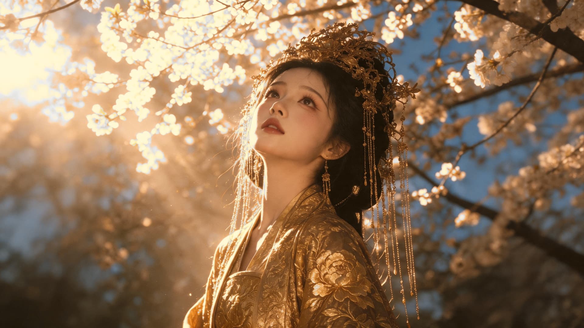 Frau in goldenen Hanfu-Gewändern im Licht der goldenen Stunde